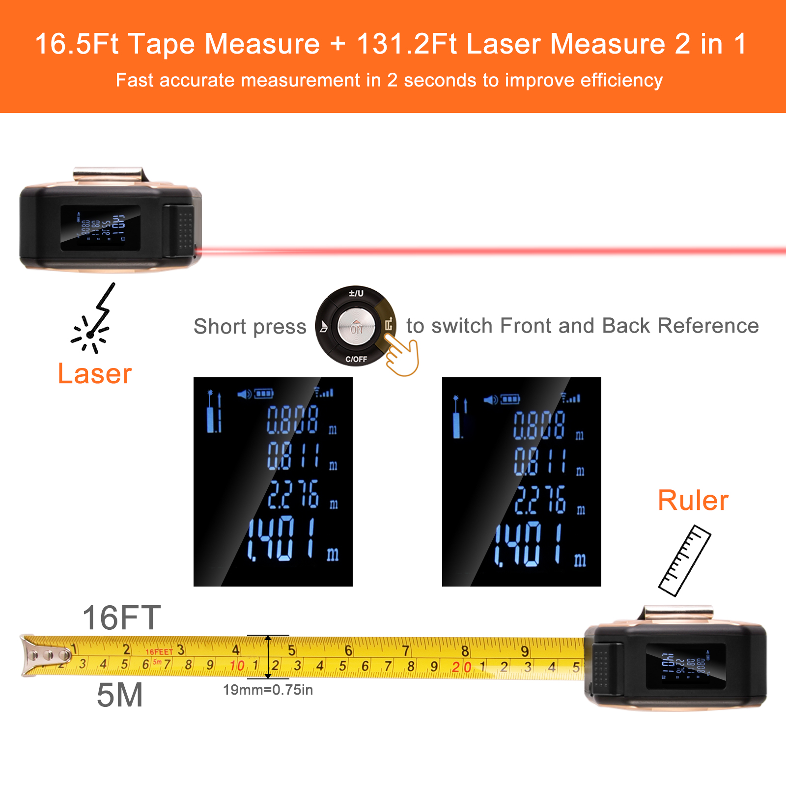 Cinta métrica láser, medidores de distancia láser digitales 2 en 1