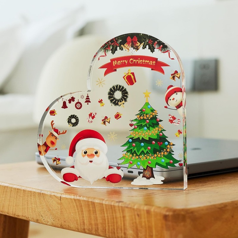 1pc, Unique Christmas Gifts & Christmas Decorations For Indoor Home Decor,  Heart Shaped Acrylic Printed With Merry Christmas Patterns For Christmas Ta