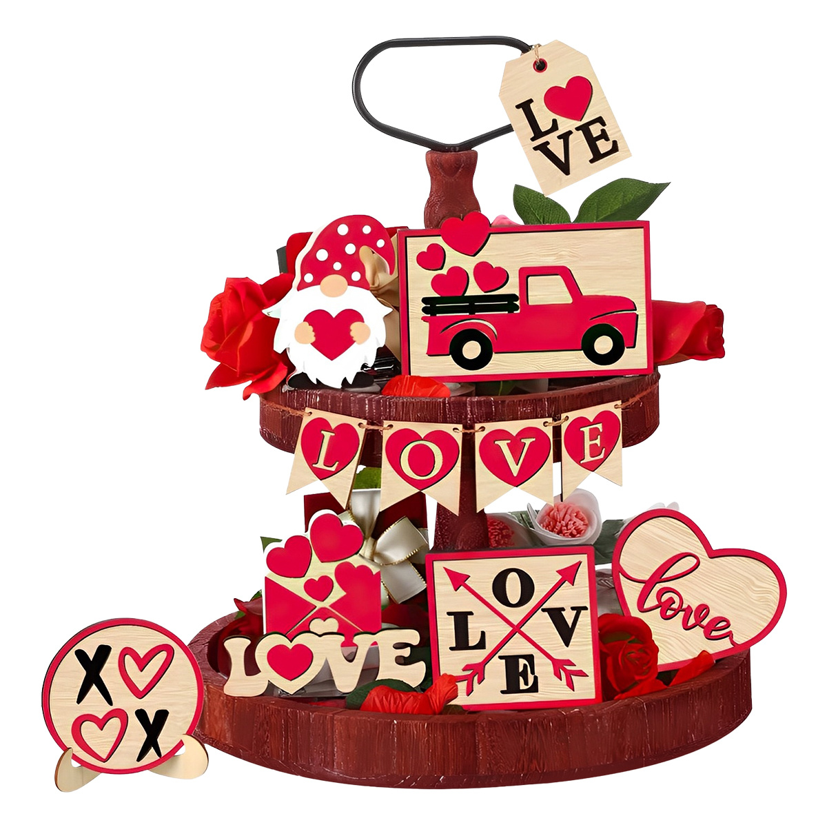 Valentine's Day Tiered Tray Decoration Set Wood Red - Temu