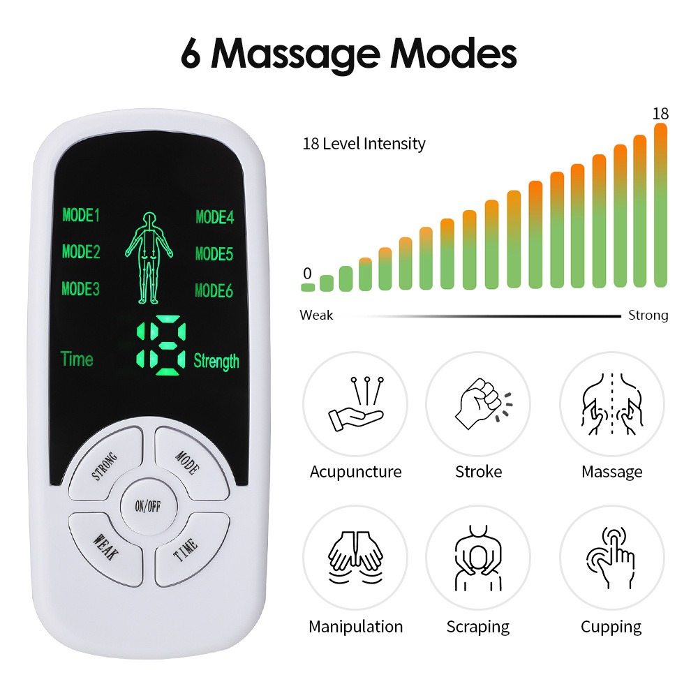 Ztoo Electric Muscle Stimulation Massager Tens Unit Machine 6 Modes Body Massager Digital Acupuncture Therapy Device Electric Pulse, White