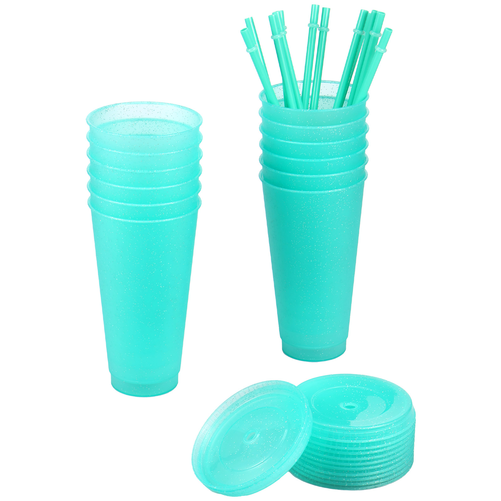 Solid Plastic Reusable Sequined Glitter Cups W/Lids Straws