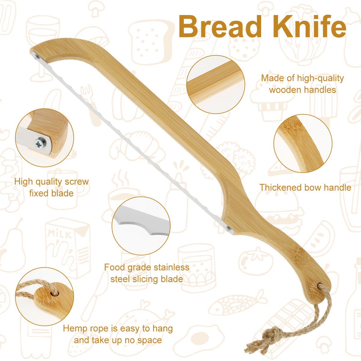 Bread Bow Cutter Stainless Steel Bread Cutting Tool with Wood Handle  Serrated Bagel Cutter Homemade Bagels