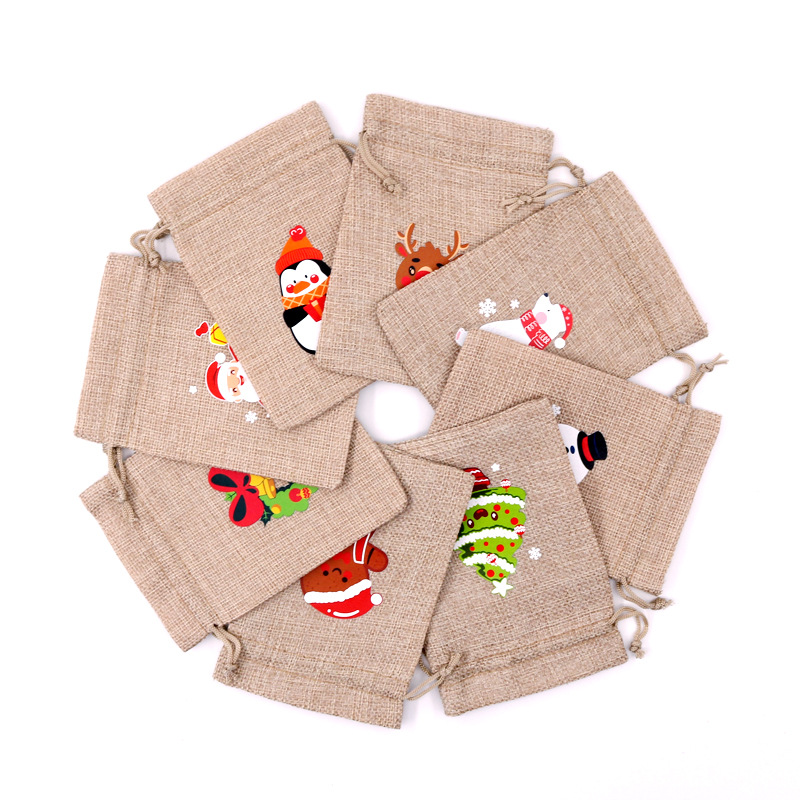 

5pcs/set Random Style Christmas Burlap Bag With Colorful Cartoon Christmas Set, Candy Gift Packaging Bags