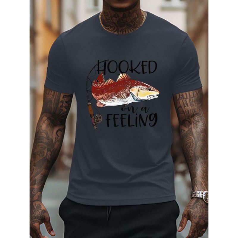 

Fish And Text Pattern Men's Casual Summer T-shirt, Men's Fashion Crew Neck Top