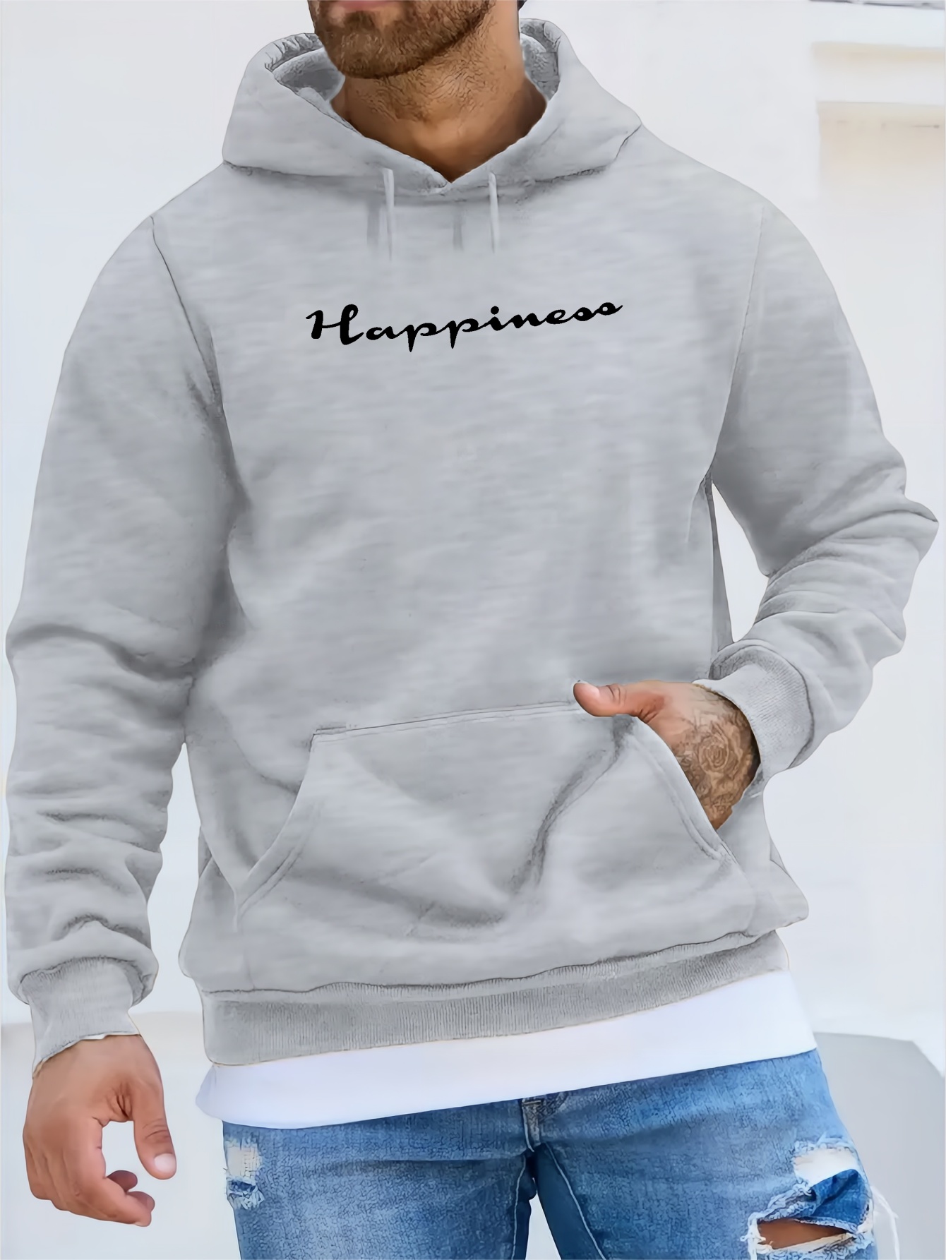 Happiness Print Warm Thick Hoodie With Kangaroo Pocket Mens Casual Pullover Hooded  Sweatshirt - Men's Clothing - Temu Norway