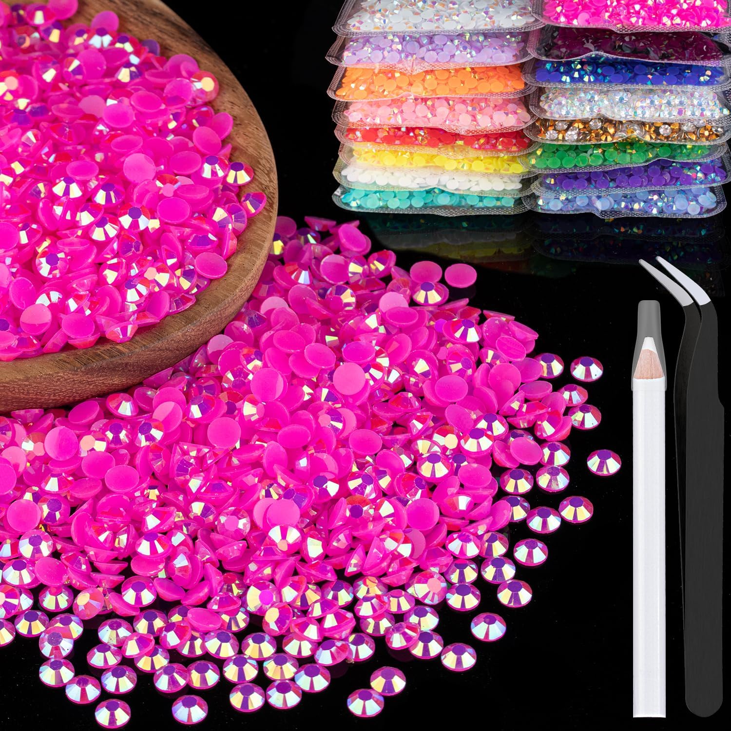 6000Pcs Jelly Resin Crystals Rhinestone Kit Purple AB Flatback Round Gems  Beads Bedazzling Rhinestones Bulk with Tweezers and Picking Pen for Nail