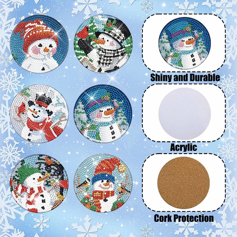 Diamond Painting Coasters Kits with Holder, 6Pcs Beautiful snowman pattern  Diamond Art Coasters Kit, DIY Diamond Painting Kits for Kids Adults  Beginners