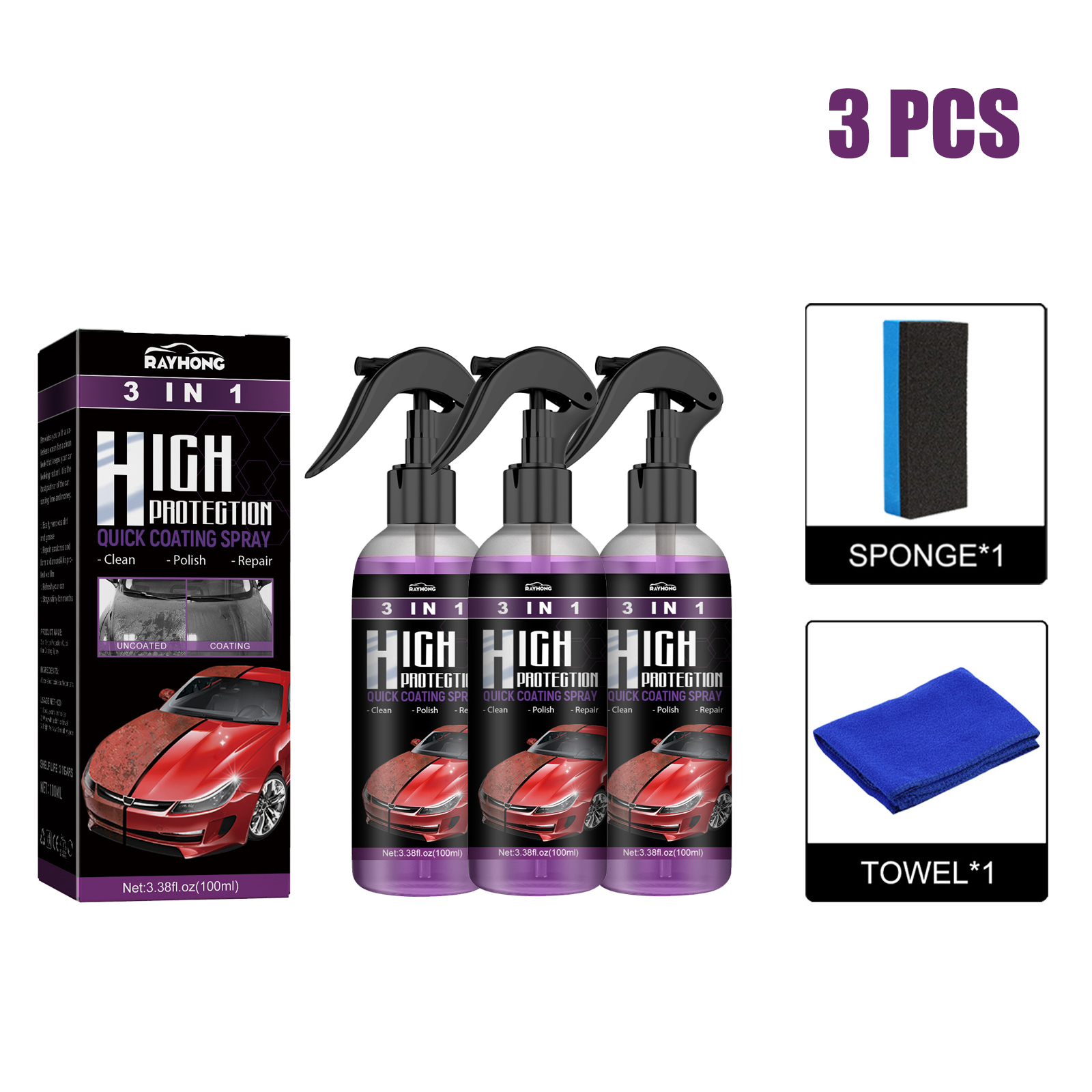 2 Pcs Multi-Functional Coating Renewal Agent, 3 in 1 Ceramic Car Coating  Spray, 3 in 1 High Protection Quick Car Coating Spray, Plastic Parts