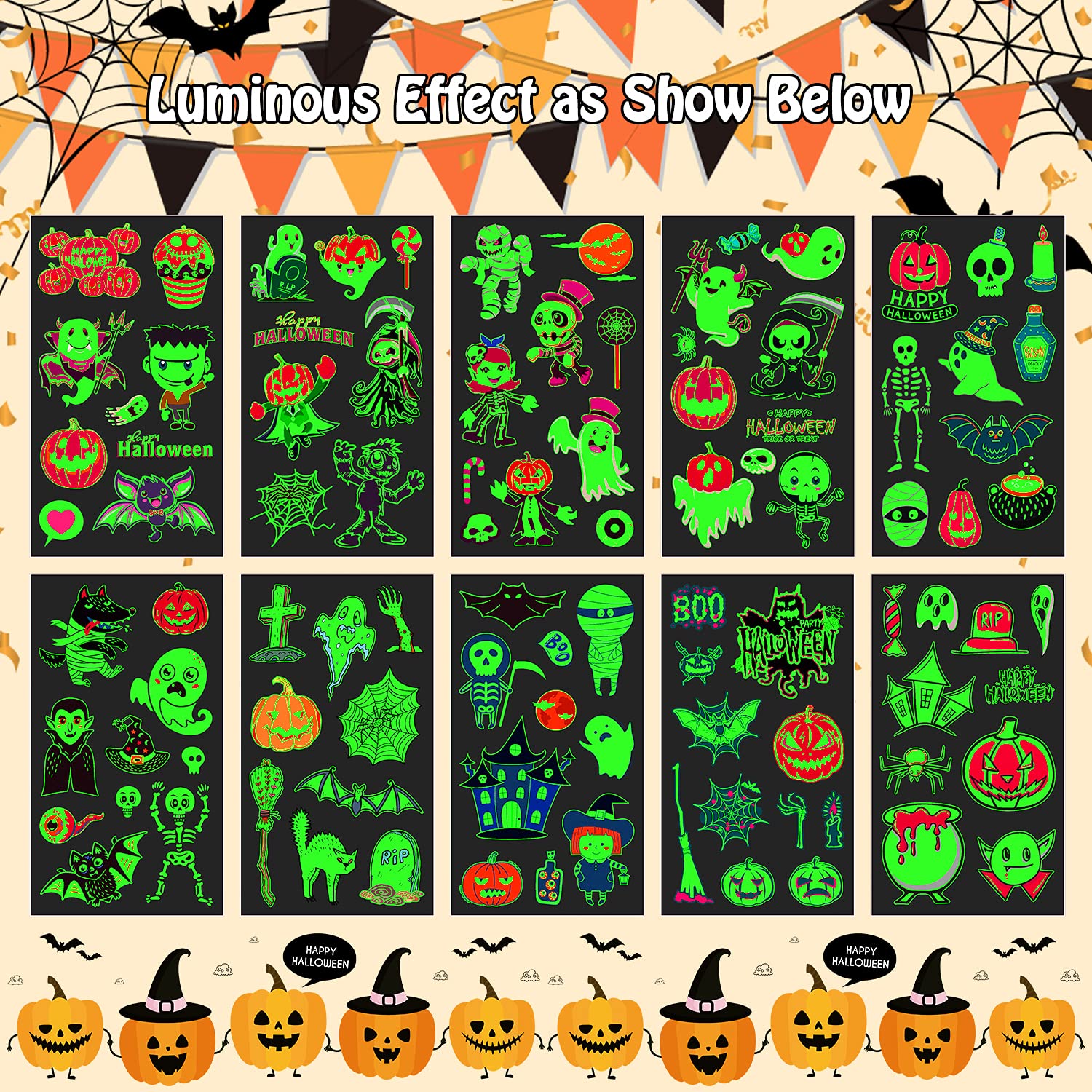Halloween Luminous Temporary Tattoos Stickers 4 Sheets Glow in