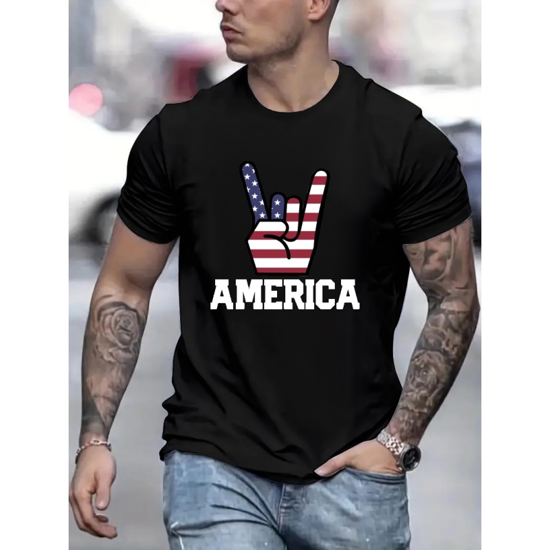 

American Flag Print Hip-hop Hand Print Men's T-shirt For Summer Outdoor, Fashion Male Clothing