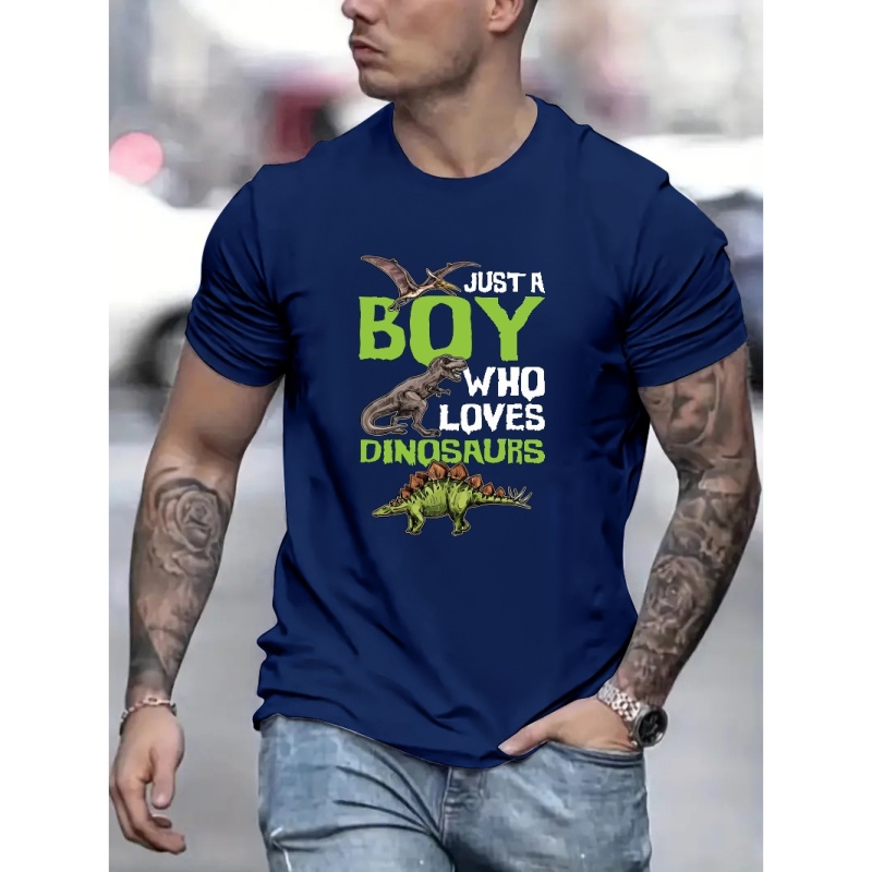 

Dinosaurs & Letter Pattern, Men's T-shirt For Summer Outdoor, Men's Trendy Graphic Crew Neck Top