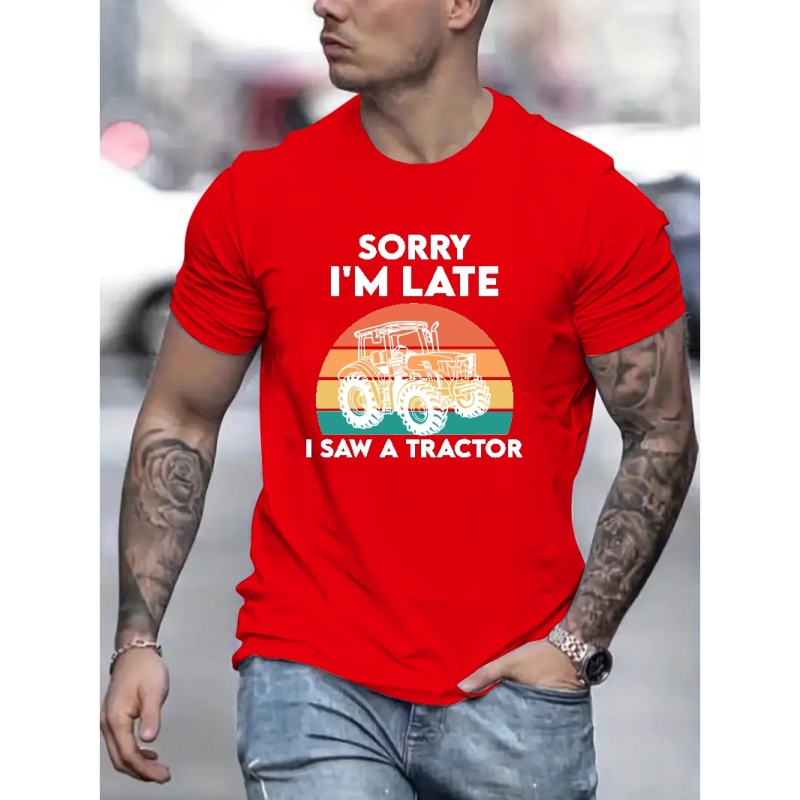 

Tractor & Letter Pattern, Men's T-shirt For Summer Outdoor, Men's Chic Crew Neck Top