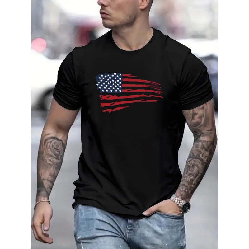 

Distressed Usa Flag Pattern, Men's T-shirt For Summer Outdoor, Vintage Men's Crew Neck Top