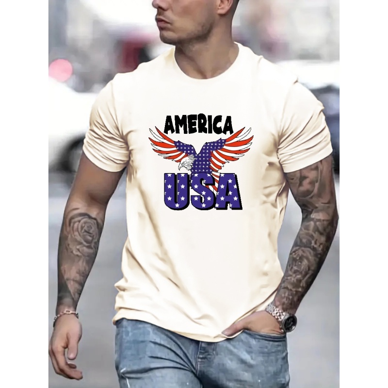 

American Flag Style Eagle Pattern Men's T-shirt For Summer Outdoor, Creative Graphic Male Clothing
