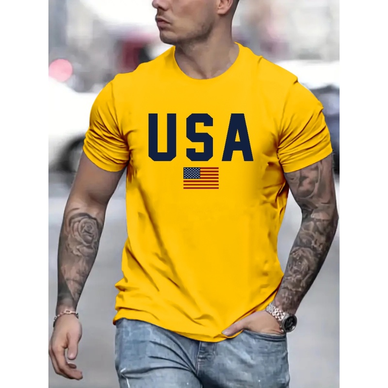 

T-shirt Imprimé USA Pour Hommes, Haut À Col Ras Du Cou Tendance Pour L'été Et L'extérieur