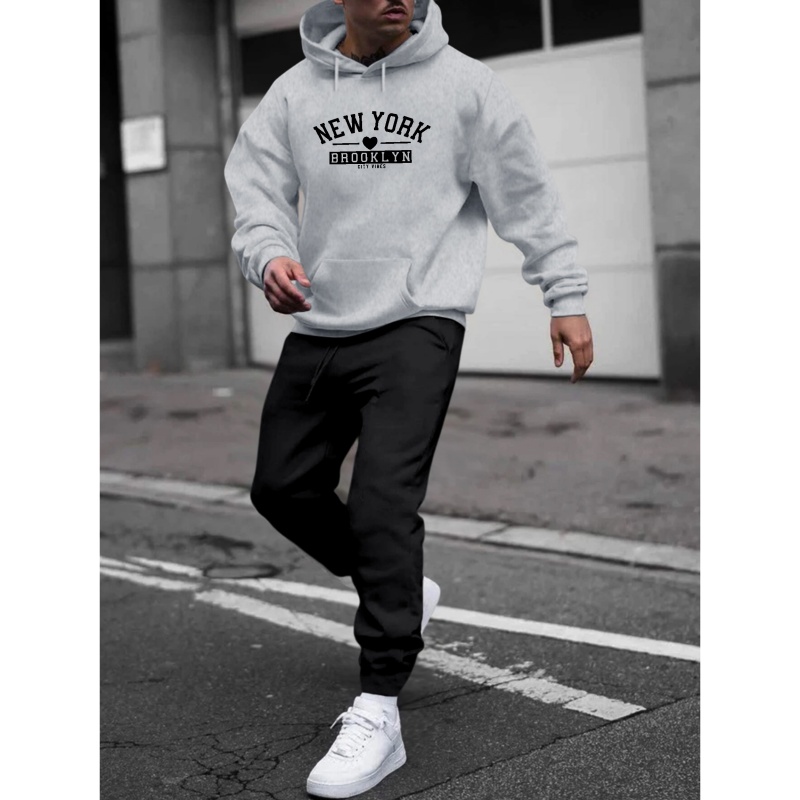 

New York Print, Men's 2pcs Outfits, Casual Hoodies Long Sleeve Pullover Hooded Sweatshirt And Sweatpants Joggers Set For Spring Fall, Men's Clothing