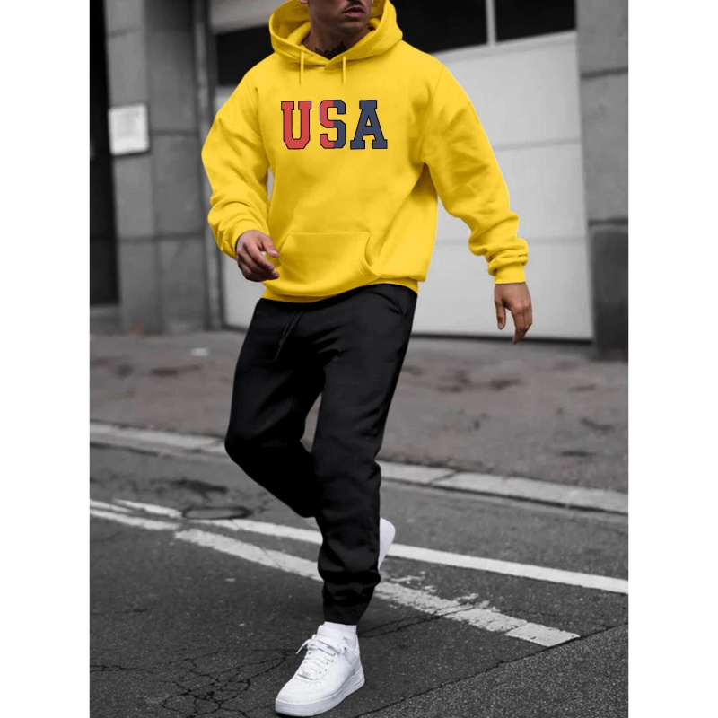 

Retro Letter Usa Print, Men's 2pcs Outfits, Casual Hoodies Long Sleeve Pullover Hooded Sweatshirt And Sweatpants Joggers Set For Spring Fall, Men's Clothing