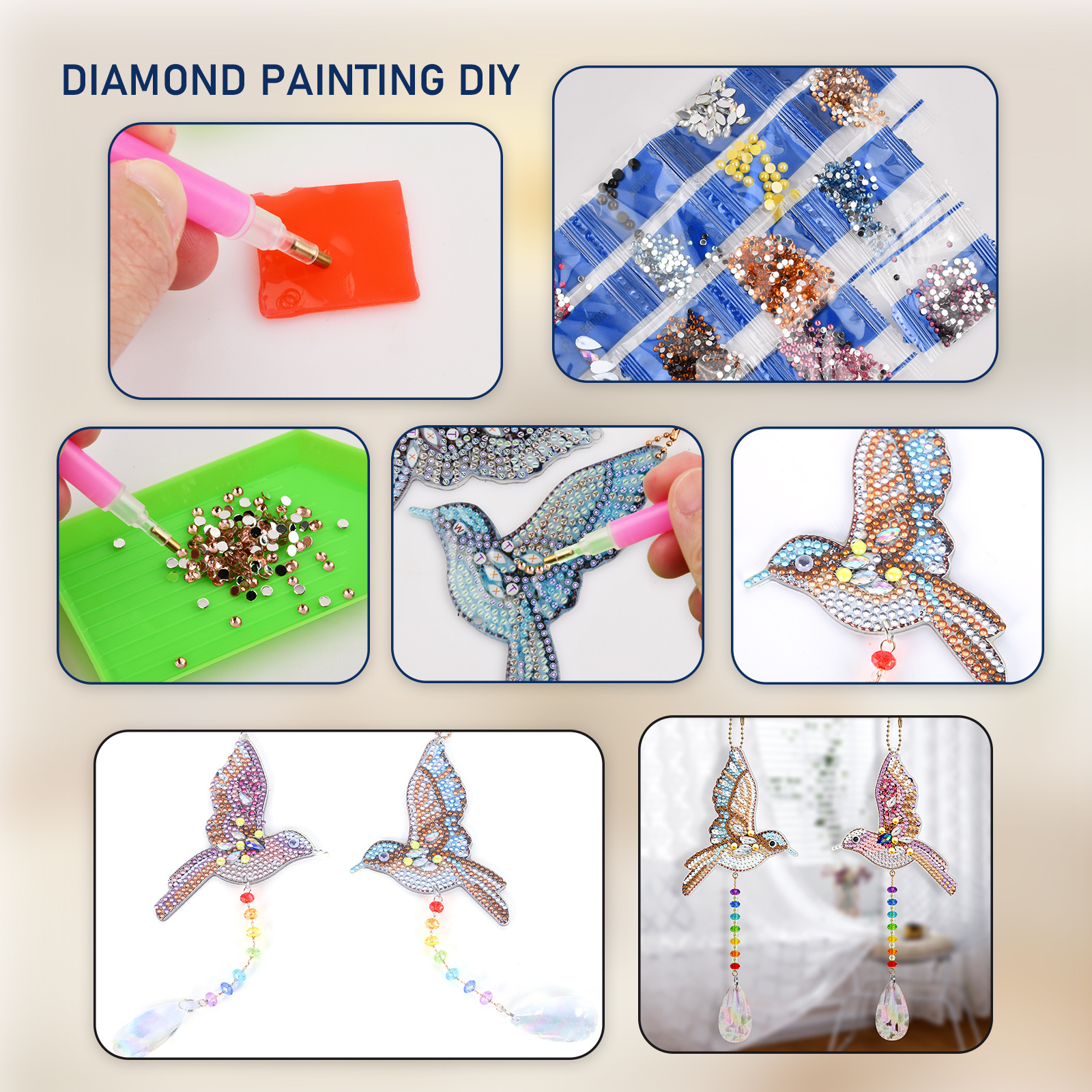 6pcs Diamond Painting Wind Chimes Kit DIY Bird Diamond Painting Art Pendant  Double Side Rhinestone Picture Keychain Diamond Painting Hanging Ornament