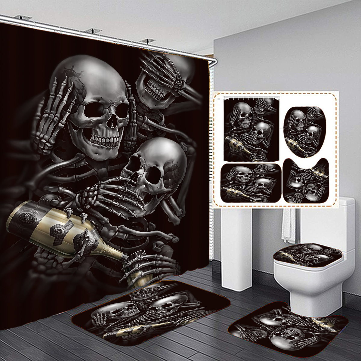 1 3pcs Luminous Skull Pattern Shower Curtain With 12 Hooks - Temu