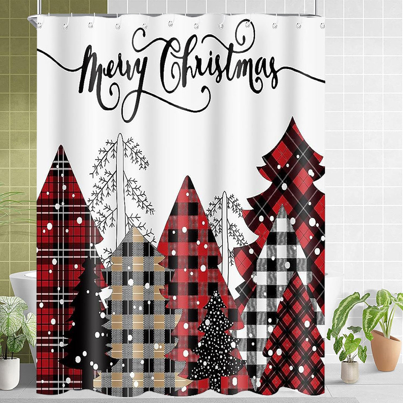 Plaid Christmas Tree Bathroom Set, Waterproof Shower Curtain With