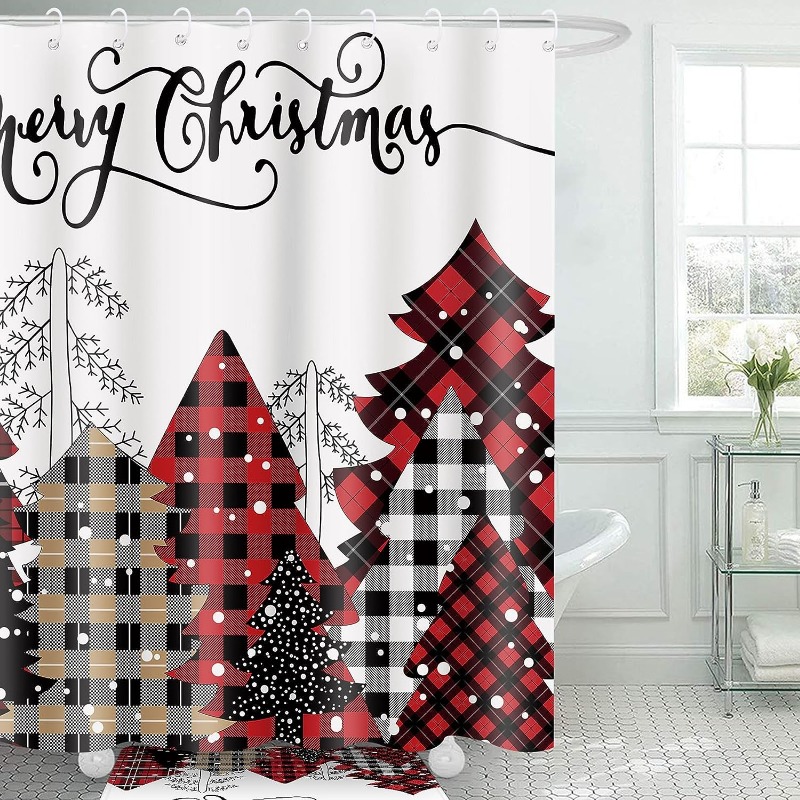 Plaid Christmas Tree Bathroom Set, Waterproof Shower Curtain With