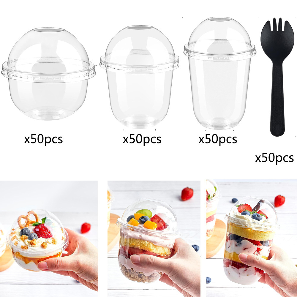 Vasos de postre de plástico transparente de 9 onzas con tapas (juego de 50)  taza de parfait desechable pequeña, tapa de cúpula, sin agujero