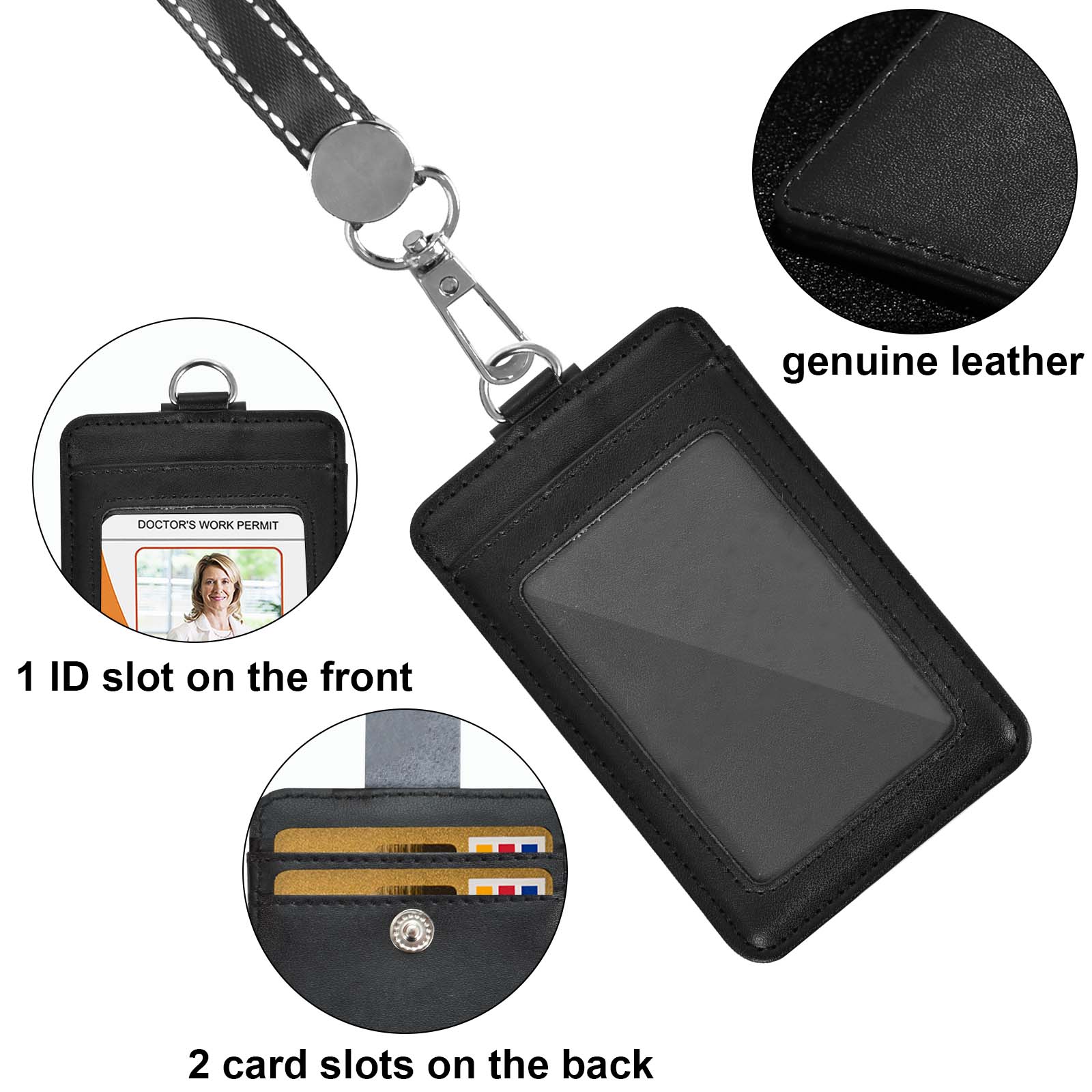 Life-Mate Badge Holder - Leather ID Card Holder Wallet Case with 3 Cards Slot and Neck Lanyard/Strap. Additional Retractable Badge Reel with Belt