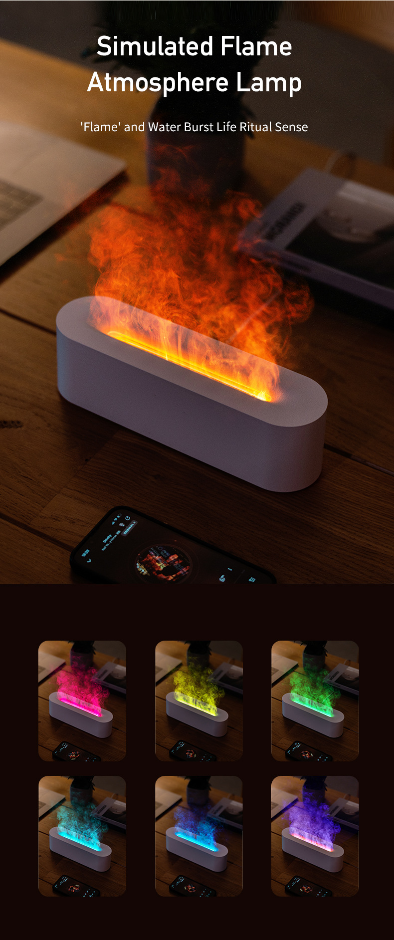 V26 Simulation Flame Colorful Light Aroma Diffuser Air Humidifier for Home,  Office
