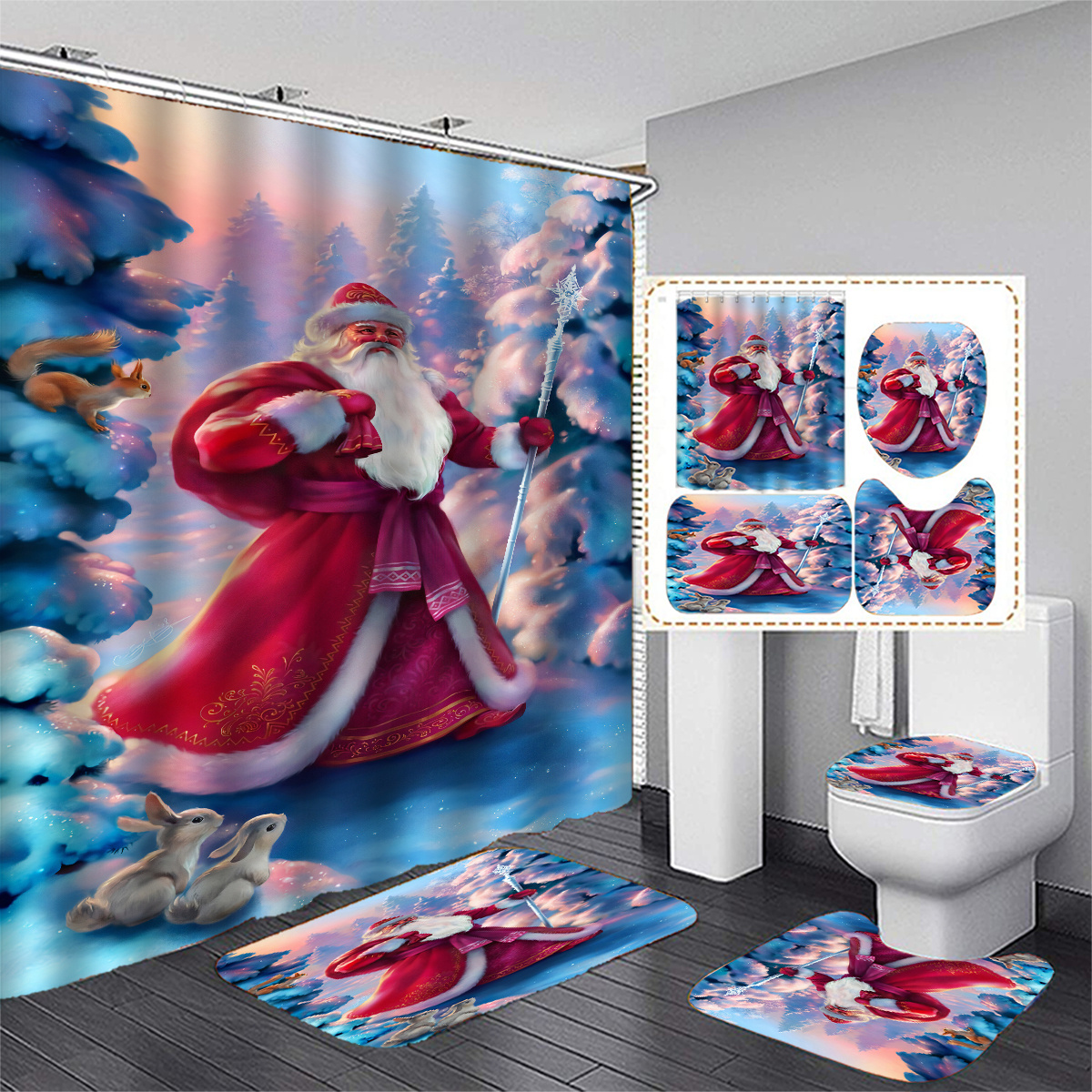 Santa On Sled Pattern Bathroom Set, Waterproof Mildew Resistant Shower  Curtain With 12 Plastic Hooks, Non-slip Bathroom Floor Mat, Toilet U-shaped  Mat, Toilet Lid Mat, Bathroom Christmas Decorations, Bathroom Accessories -  Temu