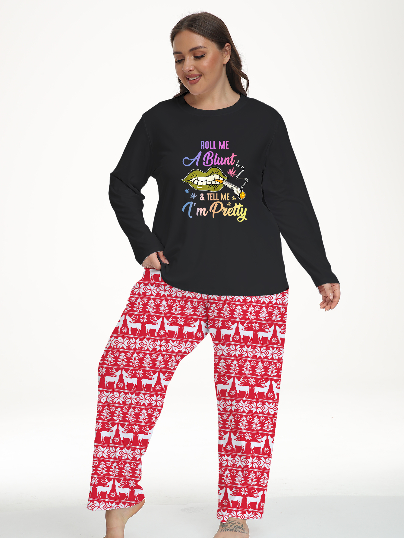 Christmas Pajama Set Colorblock Graphic Tee & Pants 2 Piece