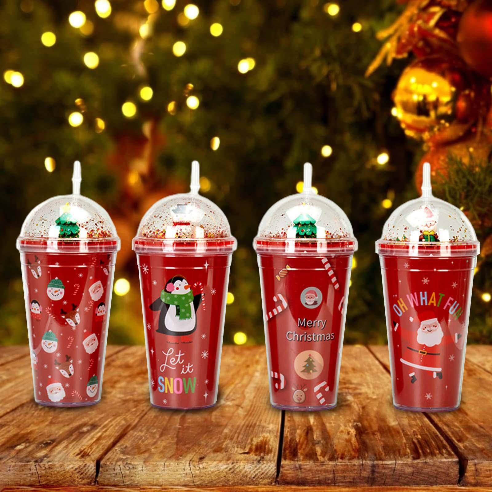 1pc Christmas Themed Double Layer Plastic Cup With Straw For Cold Drinks