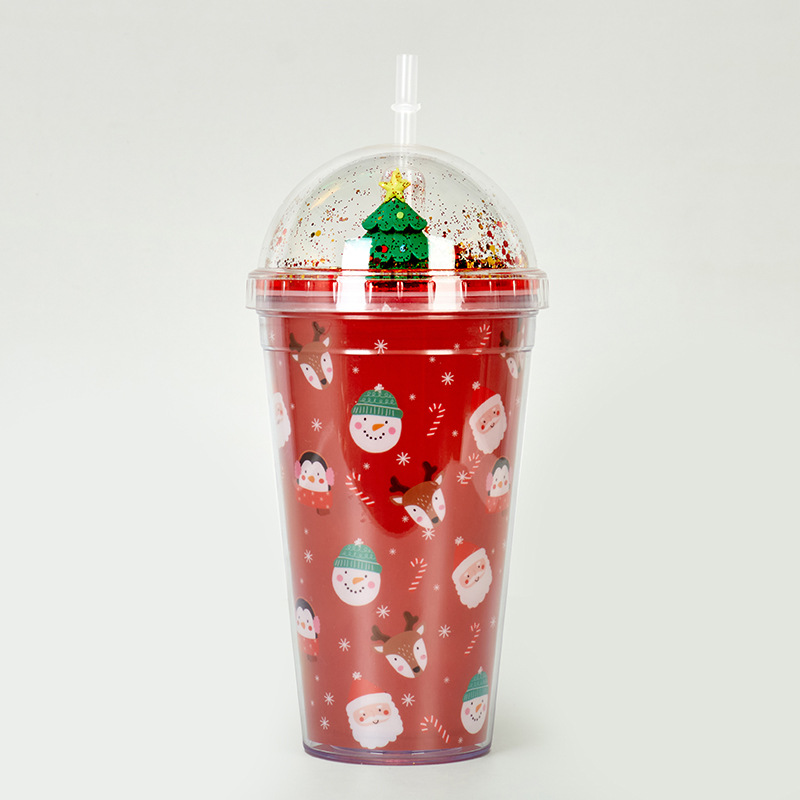 1pc 450ml Cartoon Christmas Water Cup, Double-layered Plastic Cup With  Straw, Festive Gift With Glittery Toy Decoration