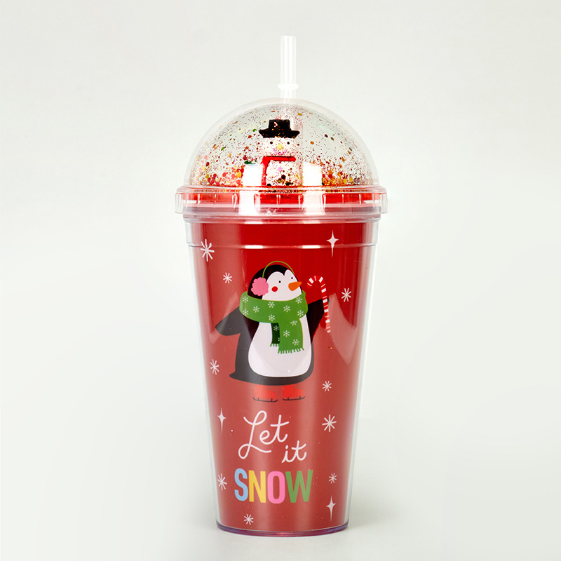 Christmas Santa Holiday Light Up Plastic Cup with Straw Red & Clear ~New~