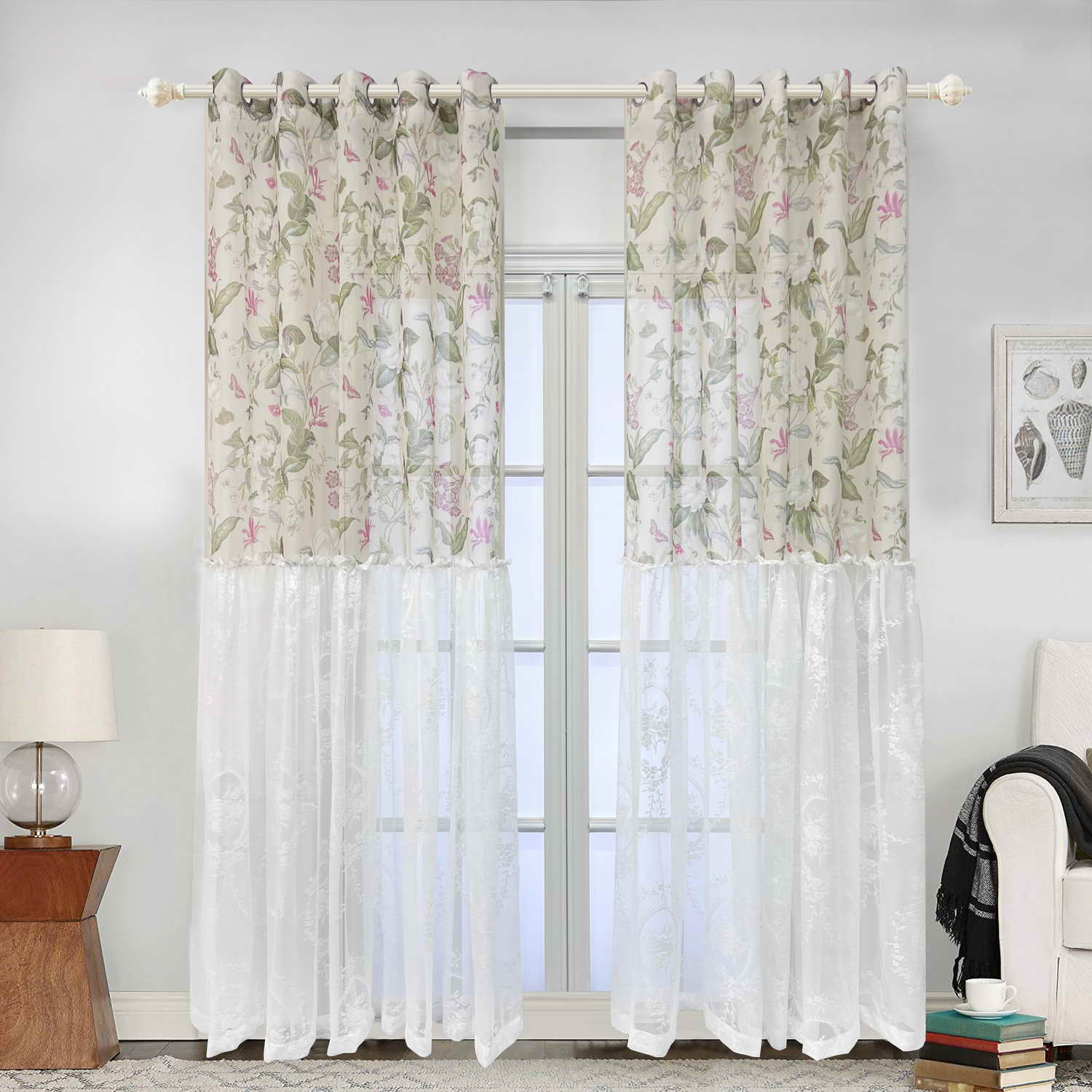 Floral Sheer Mesh Curtain Scallop Trim Curtains For Living - Temu