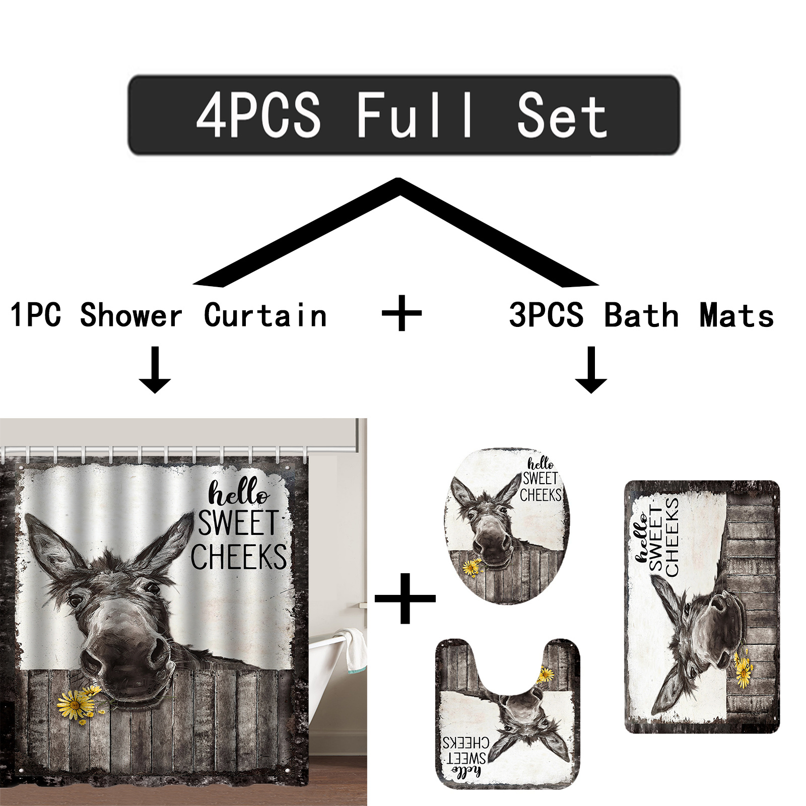 Donkey Printed Bathroom Set Waterproof Polyester - Temu