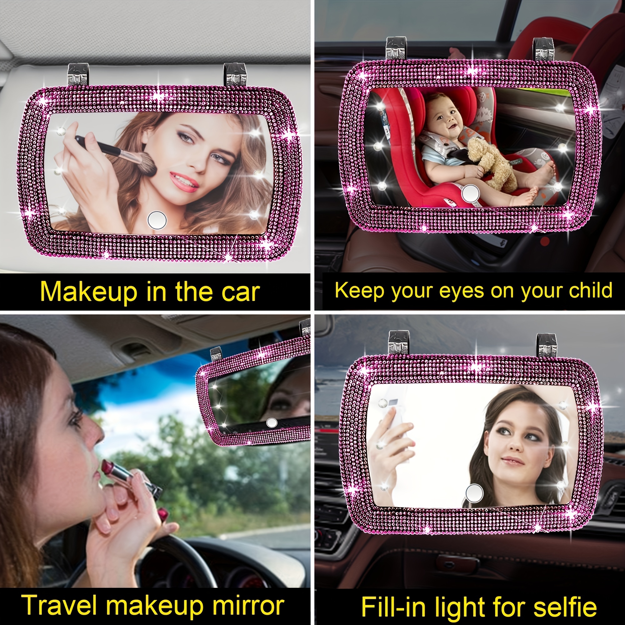Car Three Folding Makeup Rhinestone Mirror Car Sunshade - Temu