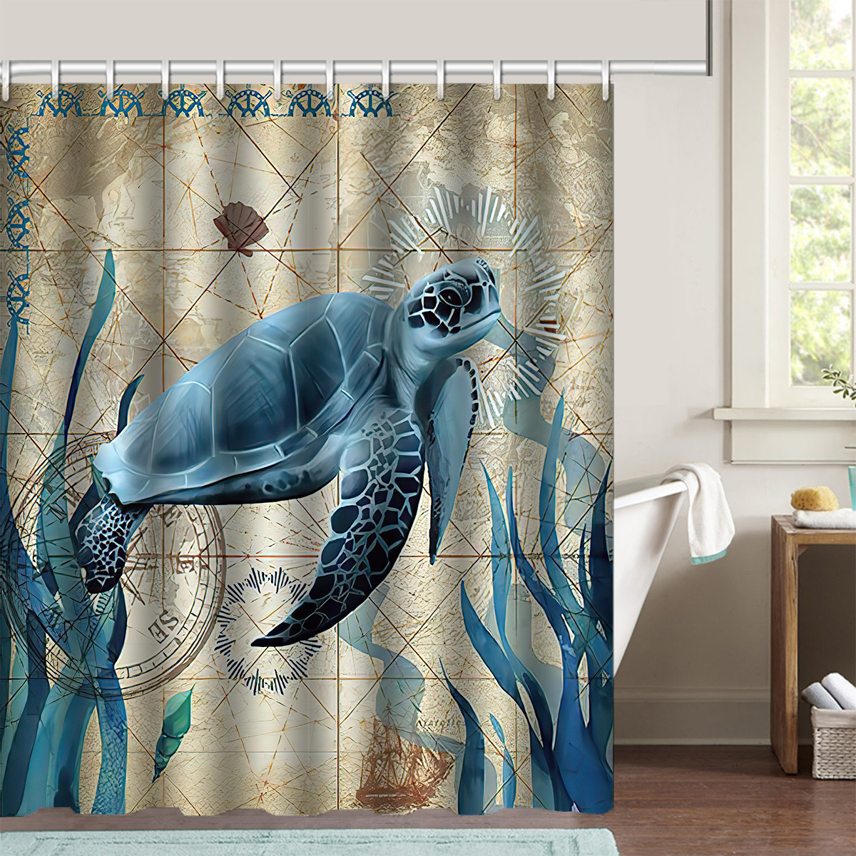 Ocean Pattern Shower Curtain Set, Waterproof Curtain With 12 Hooks,  Non-slip Rug, Toilet Lid Cover, Bath Mat, Bathroom Partition, Bathroom  Accessories, - Temu