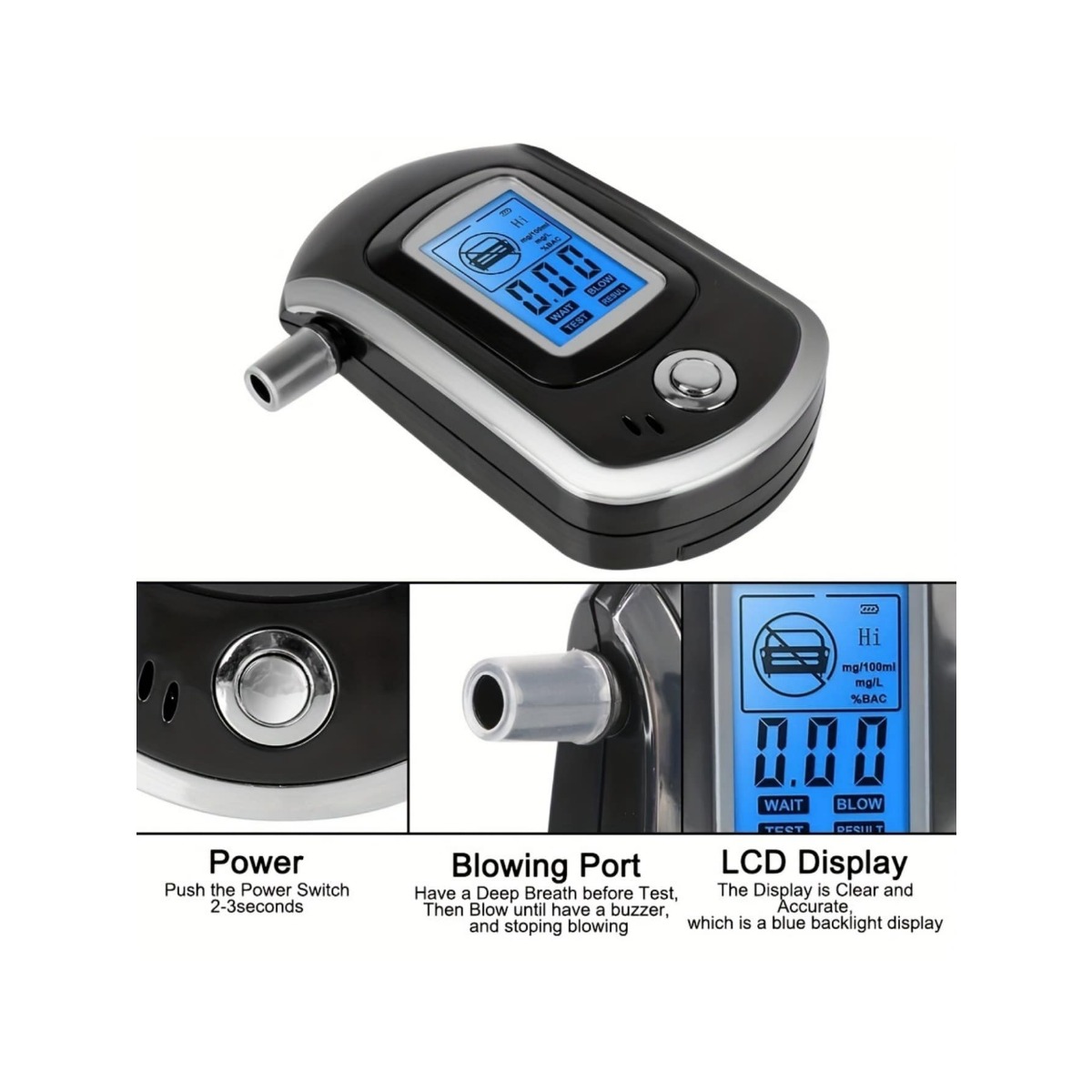 Portable Breath Alcohol Tester LCD Display Digital Breathalyzer 