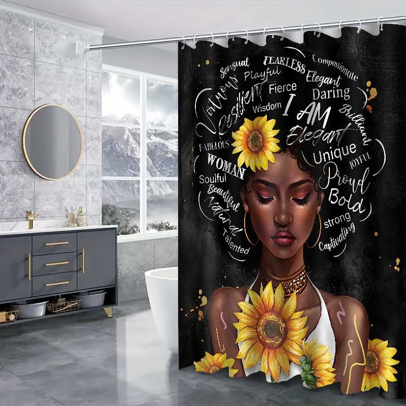 1/4pcs Girl Sunflower Pattern Bathroom Set, Waterproof Shower Curtain With  12 Hooks, Non-Slip Bath Rug, Toilet U-Shape Mat, Toilet Lid Cover Pad, Bath