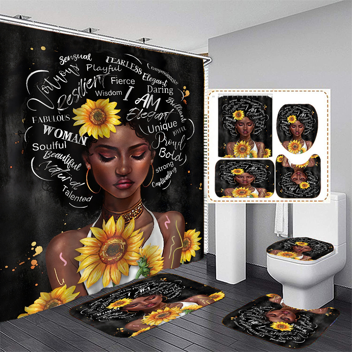 Sunflower Shower Curtain Set Waterproof Fabric Black Shower - Temu