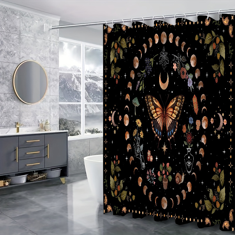 Mushroom Butterfly Flower Shower Curtain Set Non-Slip Rugs Toilet Lid Cover  Bath Mat Moon Stars Waterproof Retro Bathroom Set