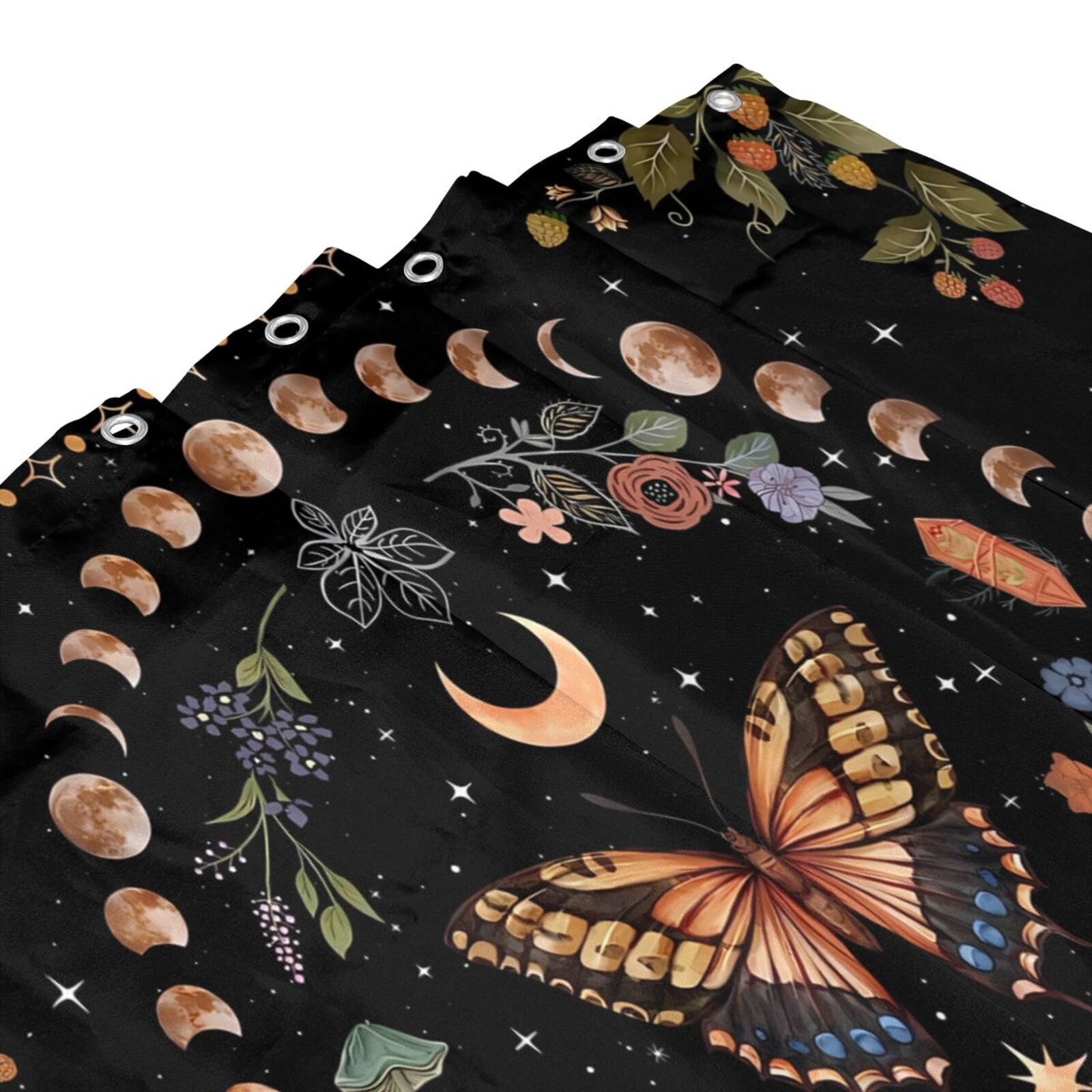 4PCS Mushroom Butterfly Flower Shower Curtain Set with Non-Slip Rugs,  Toilet Lid Cover and Bath Mat, Moon Stars Shower Curtain with 12 Hooks,  Durable