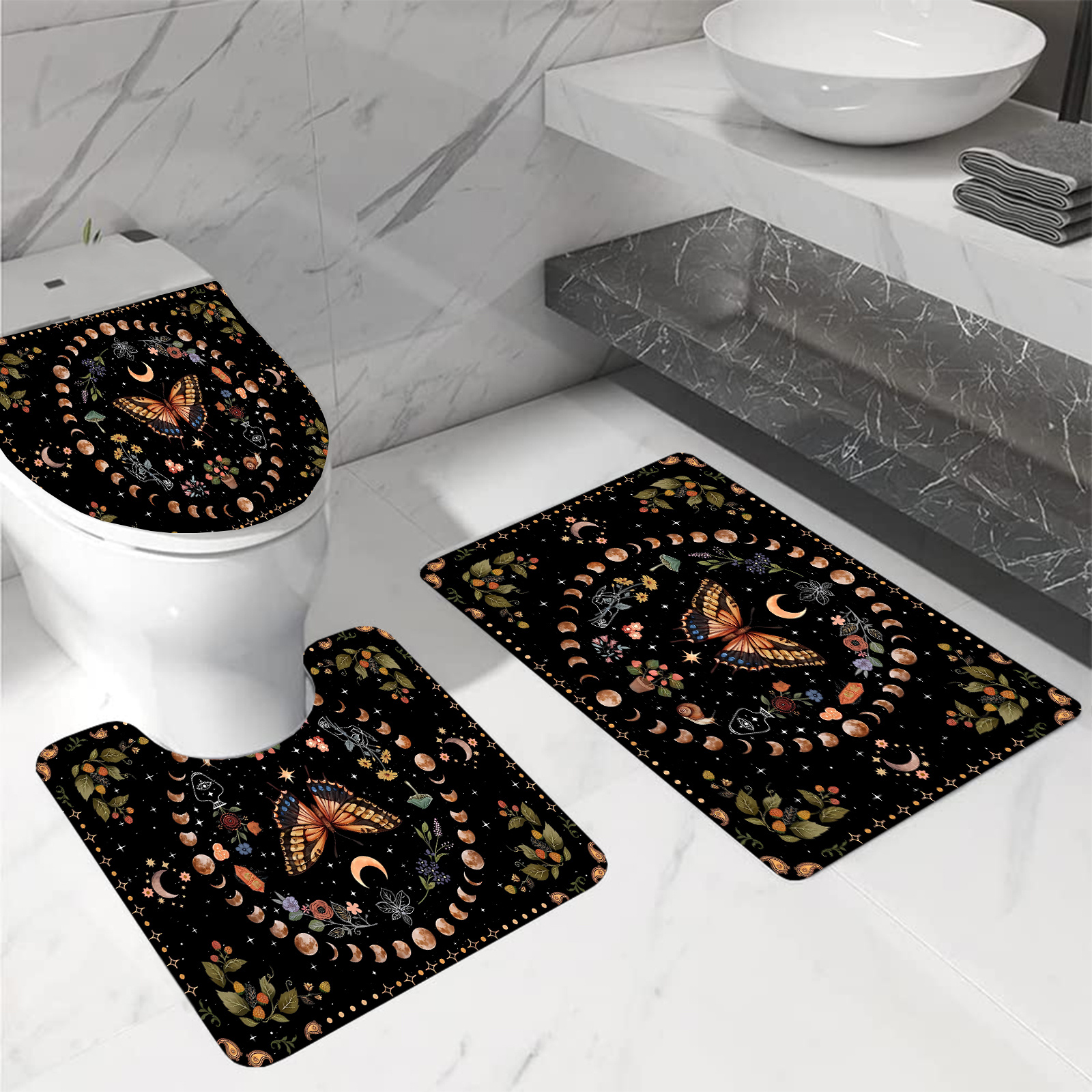 Mushroom Butterfly Flower Shower Curtain Set Non-Slip Rugs Toilet Lid Cover  Bath Mat Moon Stars Waterproof Retro Bathroom Set