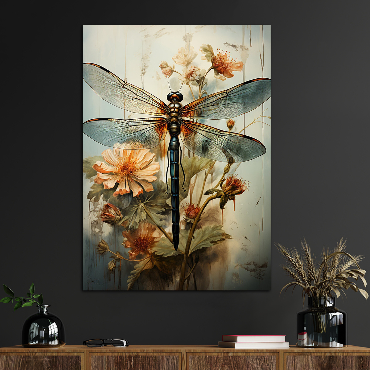 

1pc Dragonfly Above Flowers Canvas Wall Art For Home Decor, Modern Canvas Prints For Living Room Bedroom Kitchen Office Cafe Decor, Perfect Gift And Decoration