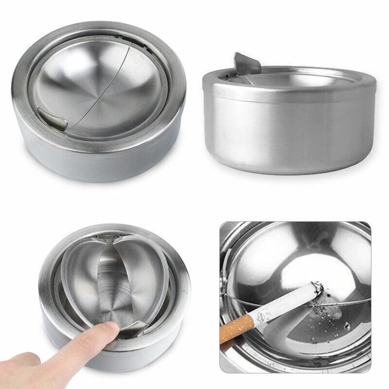 1pc Stainless Steel Spin Ashtray Round With Press Rotating Lid Smokeless  Windproof