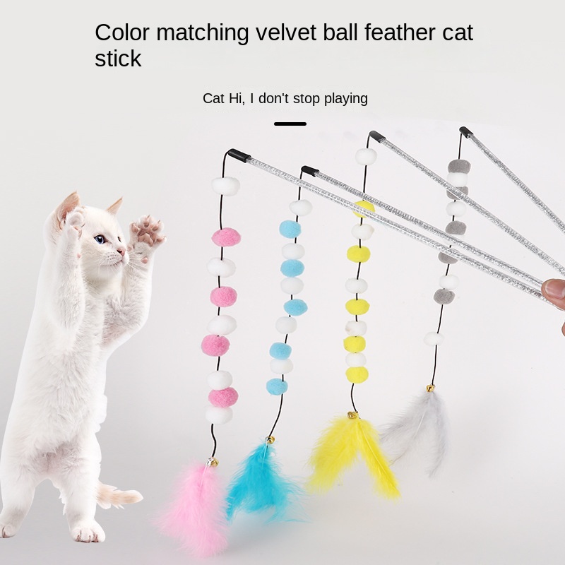 1pc Cat Teaser Wand Toy With Plush Balls And Feather, Interactive Cat Stick  Toy For Indoor Cats Kittens