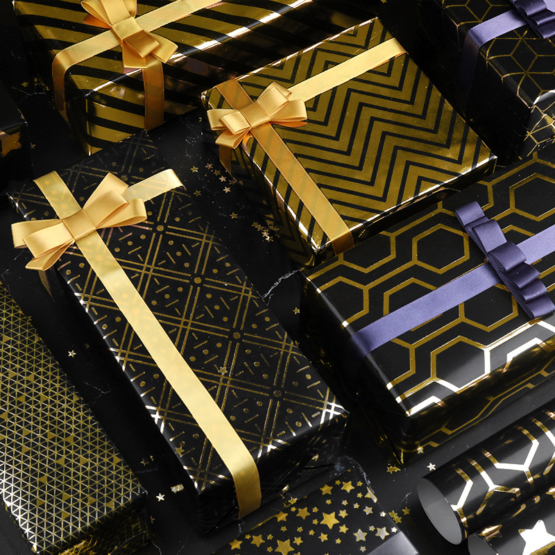 Black Golden Gift Wrapping Paper With Geometric Pattern Hot Stamping Glossy  Thickened Coated Paper Holiday Gift Box Gift Packaging, Wrapping Paper, Tissue  Paper, Flower Bouquet Supplies, Gift Wrapping Paper, Flower Wrapping Paper 
