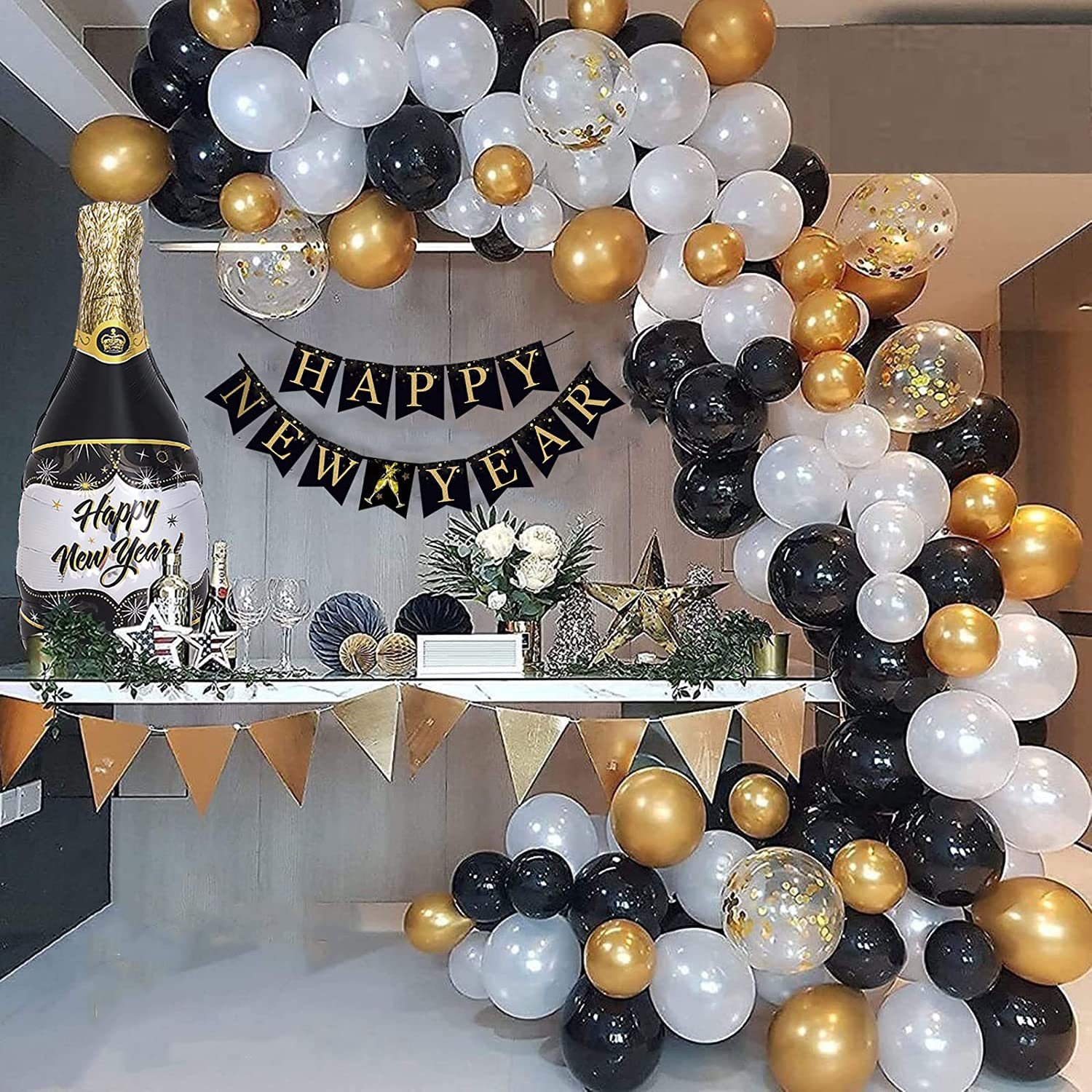 New Years Eve Party Supplies 2024 - Happy New Year Decorations 2024 Black Gold  Balloons Garland Set, Balloons Background New Year Decor