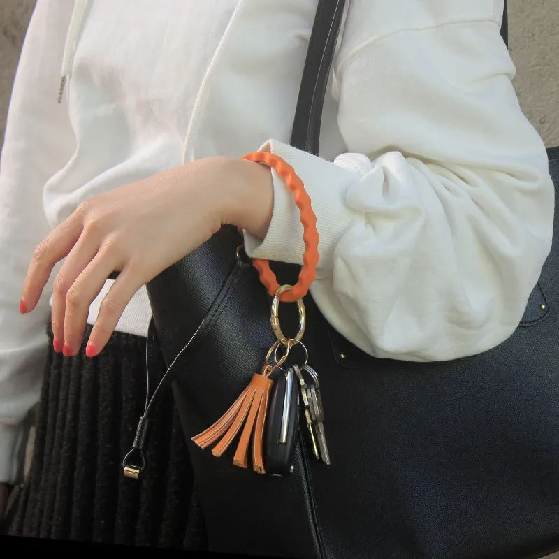Wave Silicone Bangle Keychain Bracelet Pu Tassel Pendant Keychain Fitness  Bracelet Wrist Keyring For Women Car Keys Bag Charms Accessories - Temu