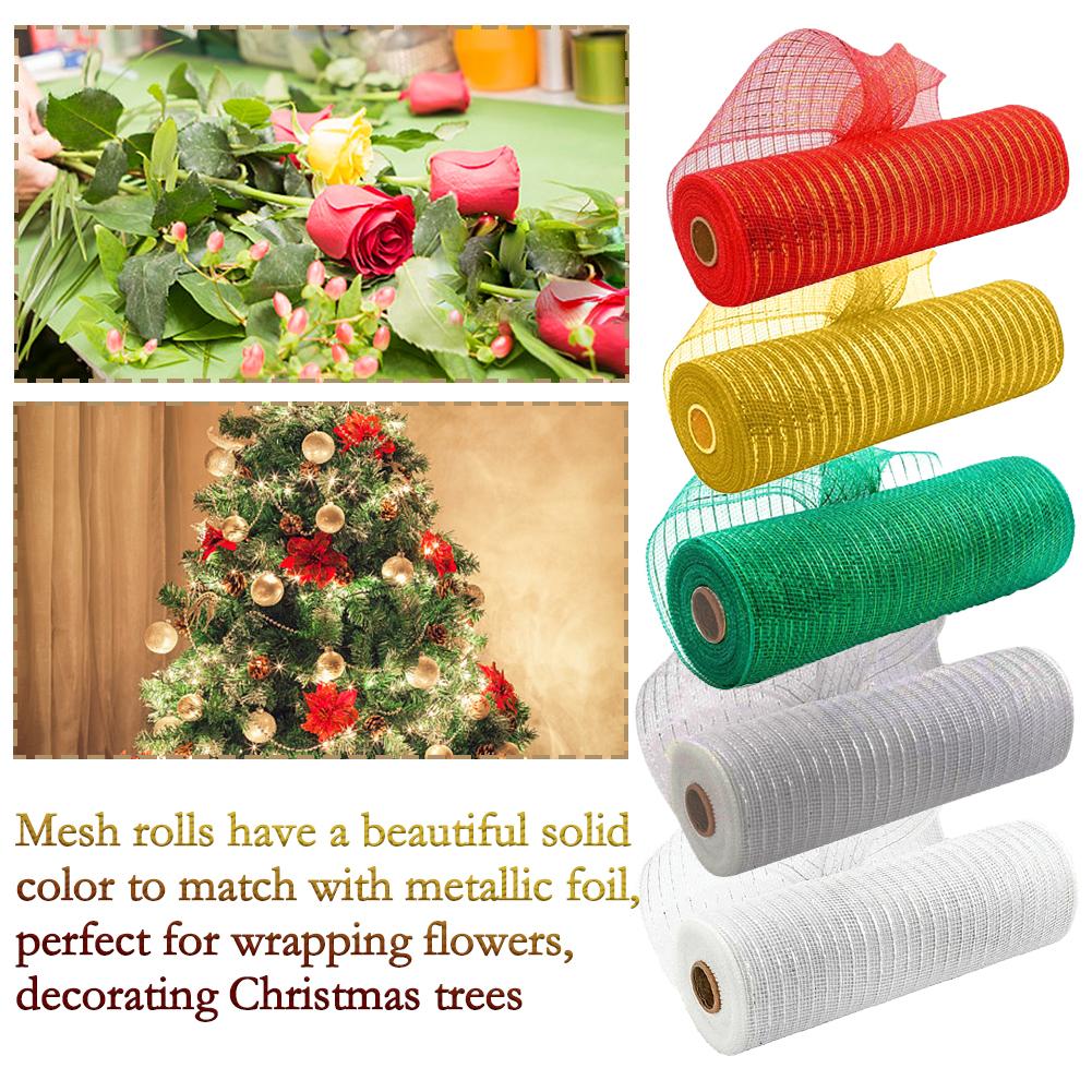 Deco Poly Mesh Ribbon 10 inch x 30 feet Each Roll, Metallic Foil Red White  Green Patriotic Ribbon Christmas Ribbon for Wreath Swags Decorations